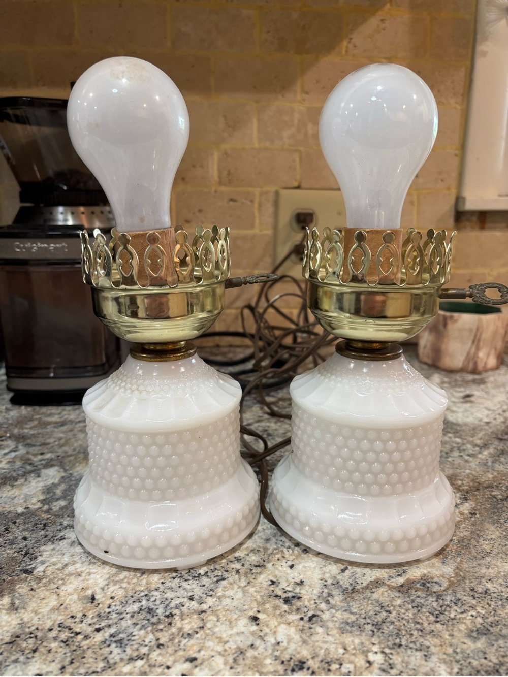 Pair of Vintage White Hobnail Milk Glass Lamps